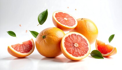 Freshly Cut Grapefruit with Green Leaves and Floating Seeds on White Background