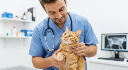 Male veterinarian examining a ginger tabby cat in a clinic with x ray on monitor in the background