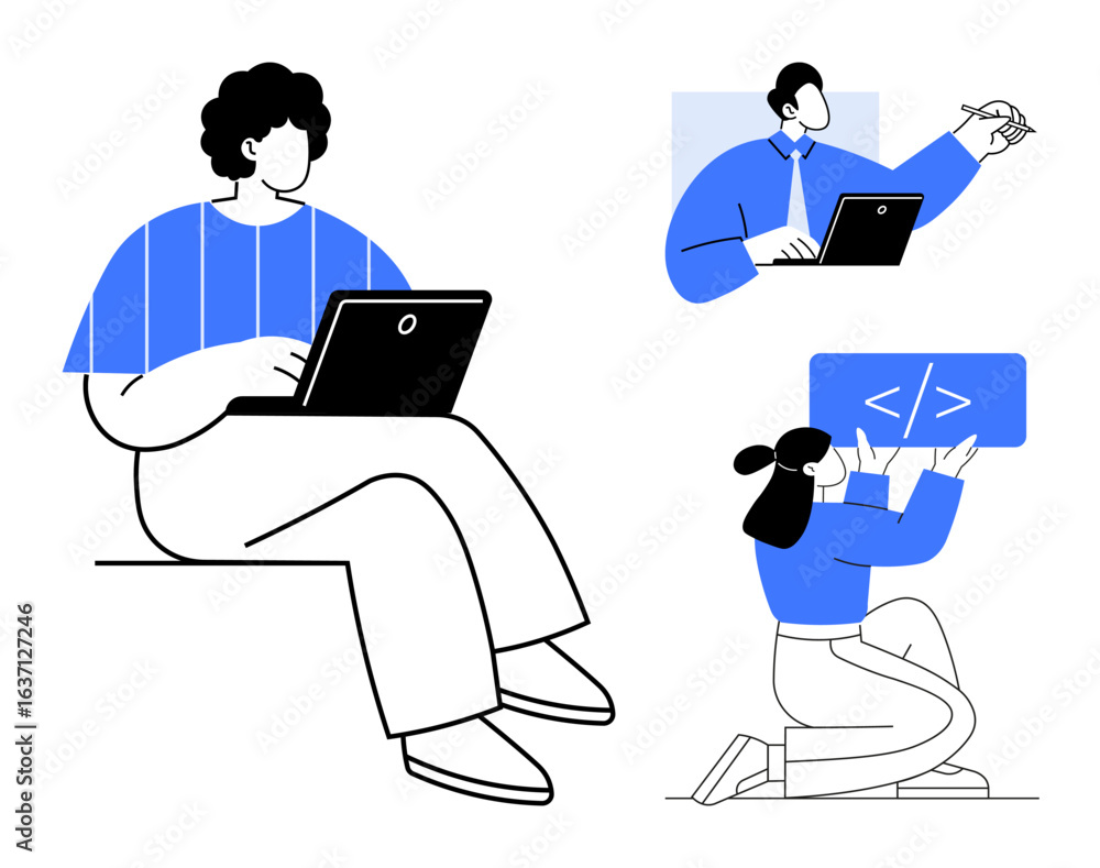Poster professionals engage remotely using laptops for coding, presentations, and tech collaboration. ideal