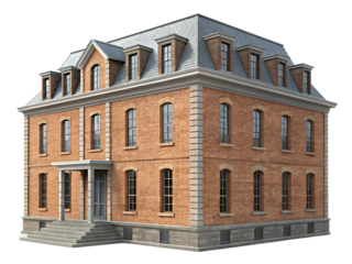 A detailed view of a two story brick building with a gray roof and several windows on a black background