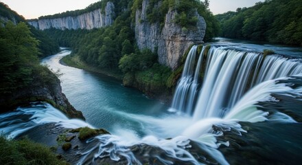 Fototapeta premium Waterfall flows over cliffs into river below, flanked by lush trees