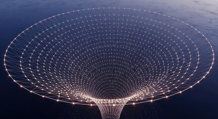 Wireframe funnel shape with glowing nodes and interconnected lines on gradient background