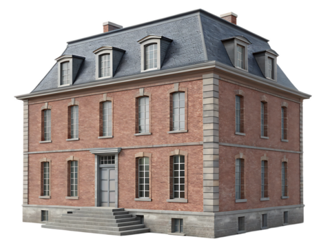 Exterior view of a three story brick building with gray roof and dormer windows on a black background