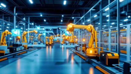 Industrial facility with yellow robotic arms on production tracks, digital holographic interface displaying manufacturing data, blue-toned high-tech environment with precise machinery - Powered by Adobe