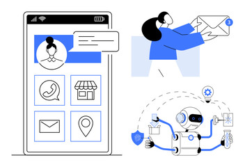 Smartphone app interface with icons, person handling messages with notifications, multitasking AI robot managing tasks. Ideal for technology, automation, communication, apps, customer support