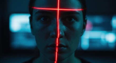 Woman's face illuminated by red lasers, creating crosshairs. Intense gaze