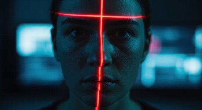 Woman's face illuminated by red lasers, creating crosshairs. Intense gaze