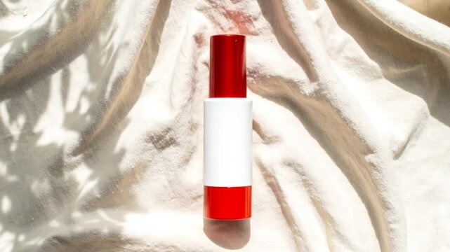 A red-and-white cylindrical object rests on a textured, off-white surface with shadows cast upon it. The object has a shiny top and bottom