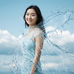 Obraz premium A woman in a light-blue dress, surrounded by water splashes.