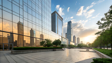 Modern office buildings reflect the sky in a vibrant urban landscape