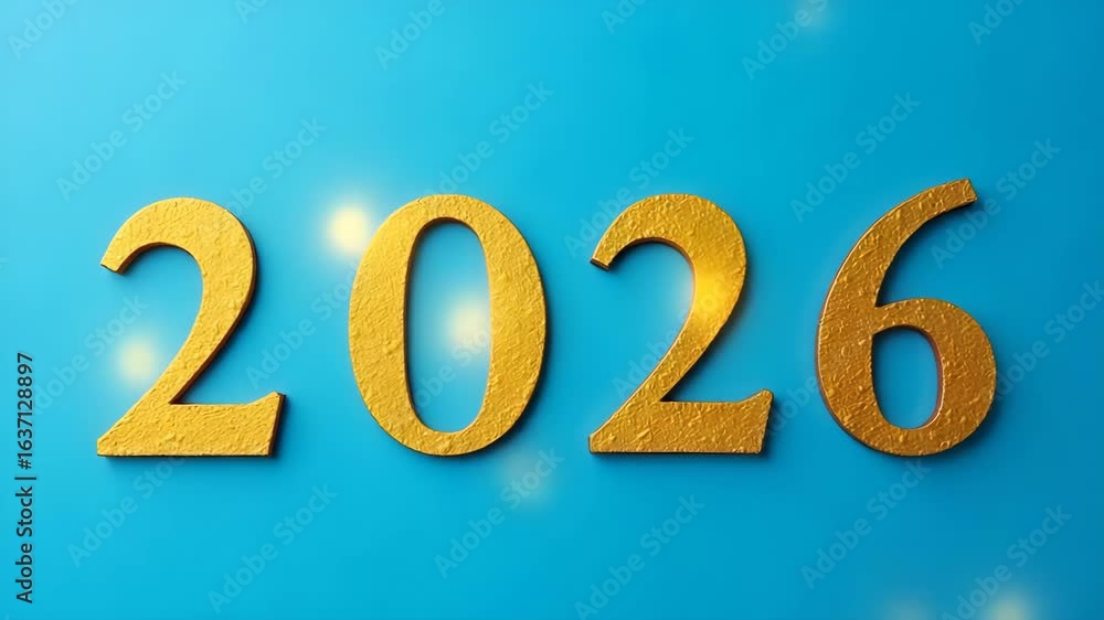 Poster gold 2026 text on blue paper - new year holiday countdown concept with empty space for customization