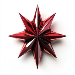 Shiny red metallic starburst decoration isolated on white background for festive holidays