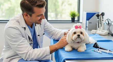 Male veterinarian examining a small white dog with a pink bow at a veterinary clinic on a blue blanket
