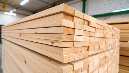 Stacked wooden beams in a warehouse