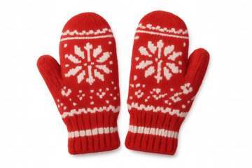 Knitted red mittens with white snowflake pattern, isolated on transparent background, perfect for winter and christmas themes