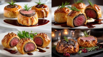 Four close-up views of savory, elegant beef wellington pastries
