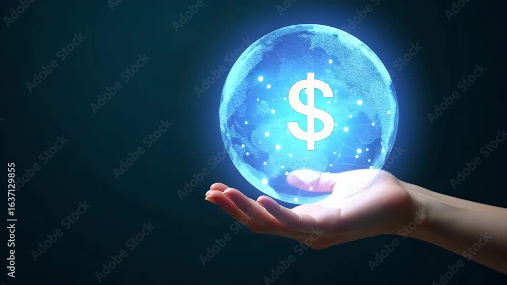 Poster hand presenting holographic business insight strategy profitability symbol in empty space - conceptu
