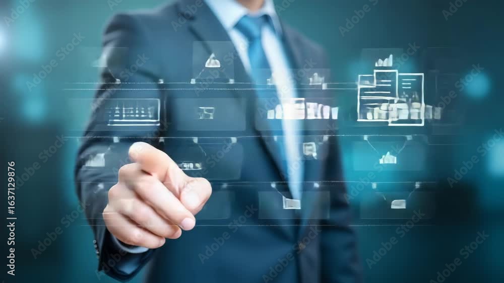 Poster businessman approving document on virtual screen - business process workflow management and project 