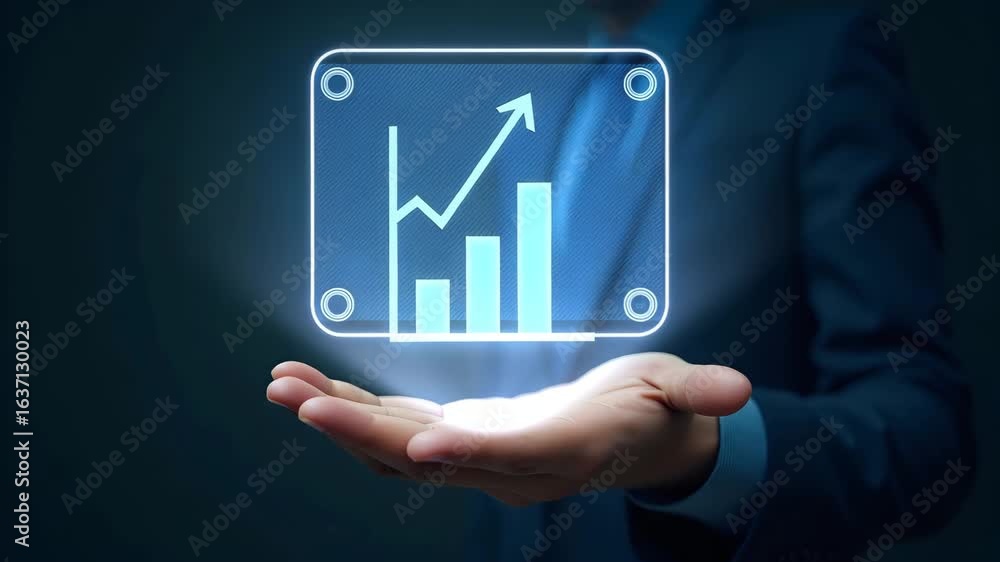 Poster flat hand presenting holographic reward metrics icon for financial management - risk reward metrics 