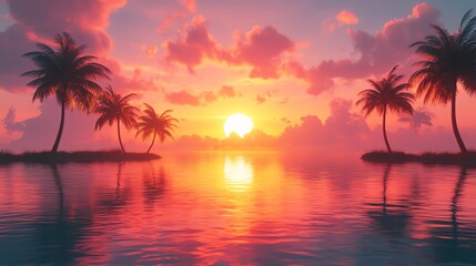 Tropical Sunset with Palm Trees and Ocean Reflection