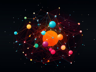 Vibrant abstract network of glowing spheres and lines, representing data connections and global reach