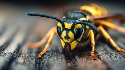 Close-up of a wasp on a dark wooden surface.  Detailed view of its head, antennae, and body. Yellow and black stripes,  focused on the insect's features