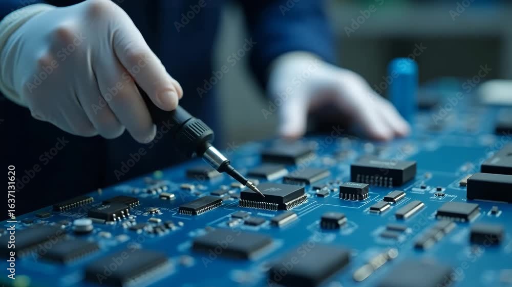 Poster worker in gloves testing electronic components with specialized equipment for quality verification i