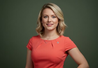 Obraz premium Professional Young Blonde Woman Smiling Confidently Wearing a Coral Dress Against a Solid Green Background