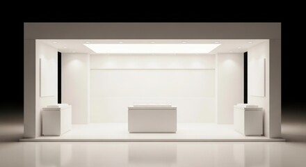 A minimalist, modern, white exhibition booth with a central display table and side pedestals, well-lit.