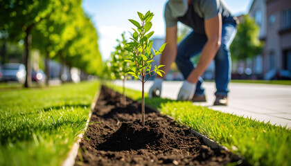 Planting young tree in well maintained urban environment, showcasing importance of greenery and sustainability. scene captures gardener nurturing nature, promoting healthy ecosystem
