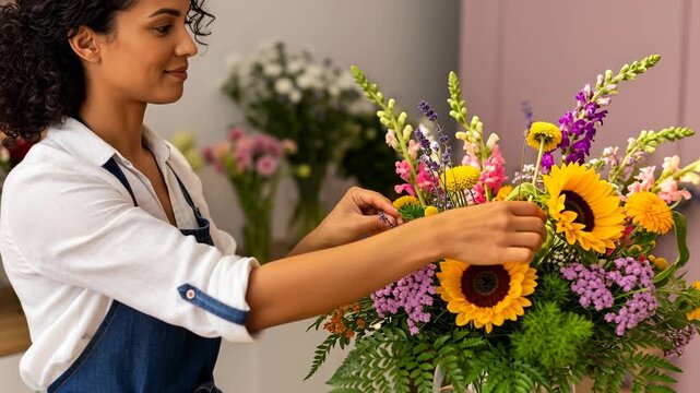 Joyful Hispanic Woman Arranging Flowers in a Vaso