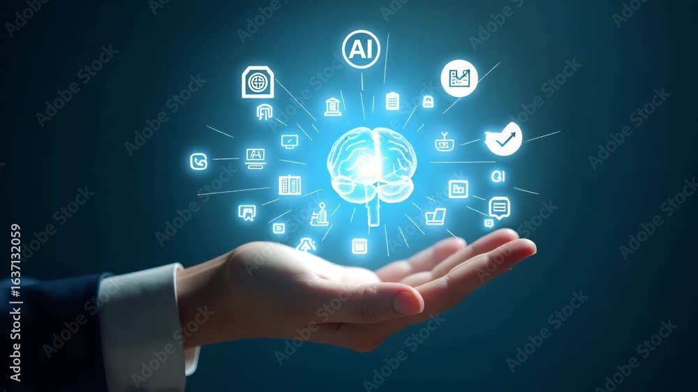 Poster flat hand holding holographic neural processing unit (npu) icons: a cute vector illustration of ai a