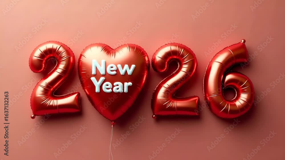 Poster 2026 and happy new year on red heart shaped balloons - new year holiday countdown concept with empty