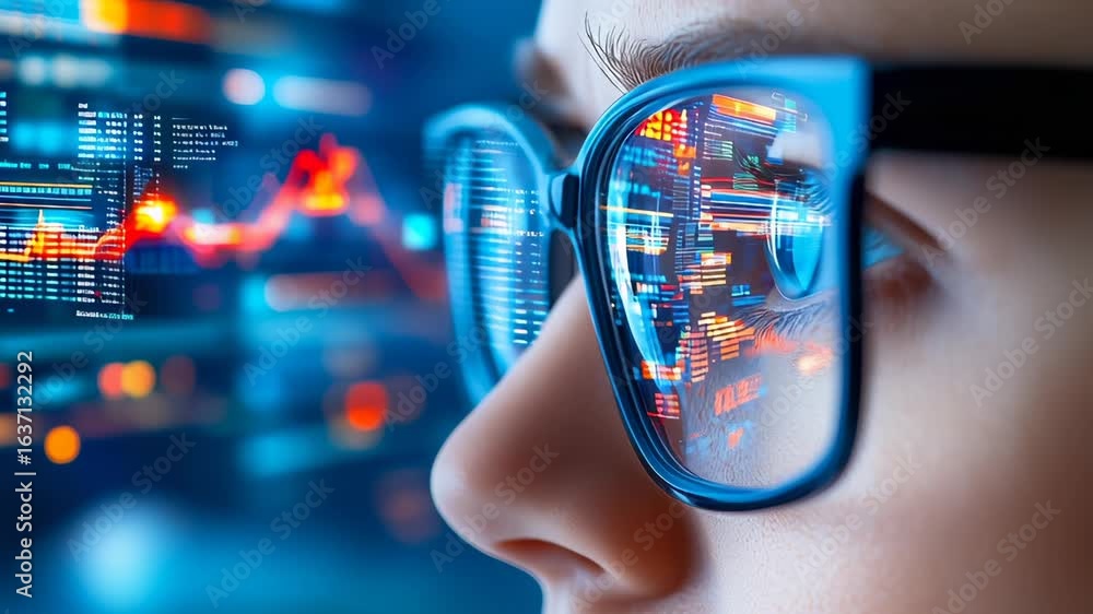 Poster close-up of glasses reflecting complex digital stock market interface with colorful graphs and data 