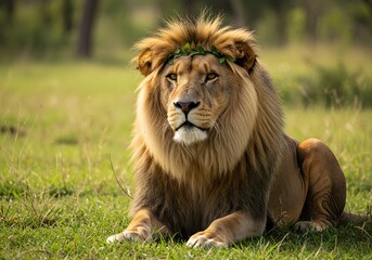 Obraz premium Majestic lion resting in a grassy plain, wearing a leafy crown.