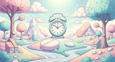 Pastel Dreamscape of Time Medication and Healing A Whimsical Reminder for Health and Wellbeing featuring an Alarm Clock Pills and Bandages