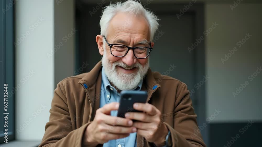 Poster senior man embracing technology: using smartphone to connect in modern age - digital connectivity an