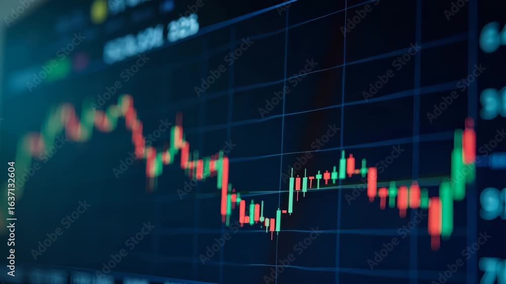 Poster close up of stock market graph chart with investment indicators and trading data on monitor screen -