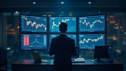 Flat illustration of a confident businessman in front of stock market screens, showcasing AI-driven financial expertise and trading skills in a cute, smart style. - Powered by Adobe