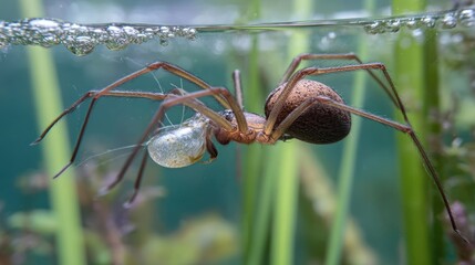A spider, likely a water spider, submerged in water, holding prey