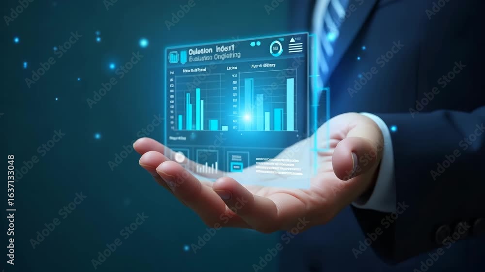 Poster innovative holographic device for academic assessment: a hand interacting with holograms to showcase
