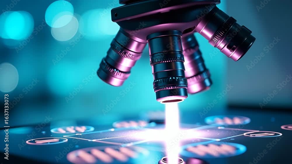 Poster flat microscope image of modified dna strands on advanced digital equipment in biotech lab: showcasi