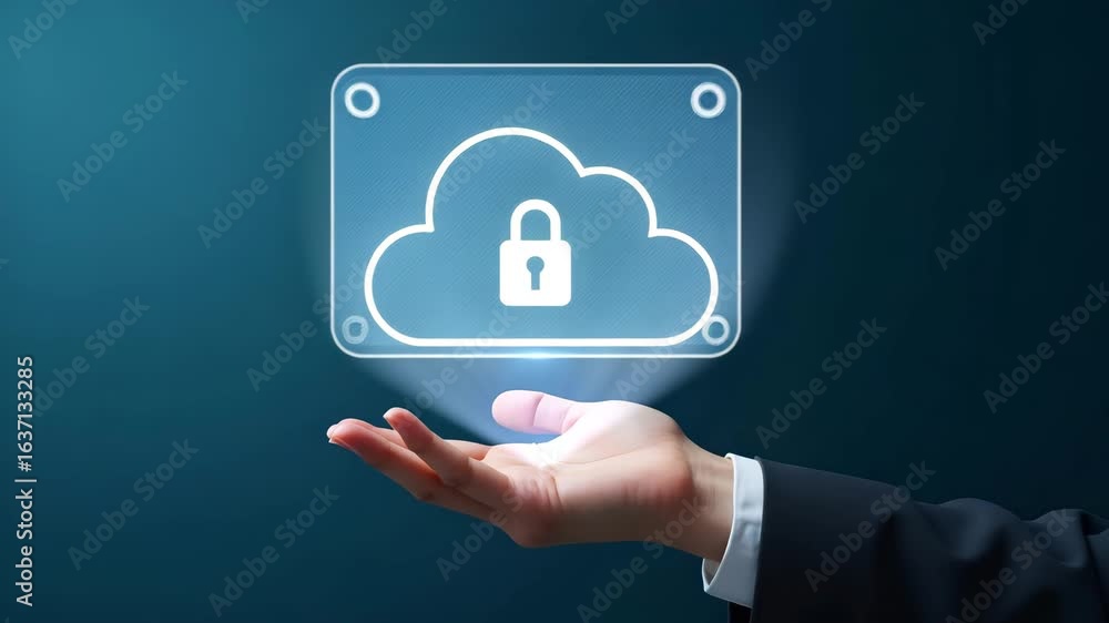 Poster flat hand holding holographic security icon for erp software security in cloud setup - minimal backg