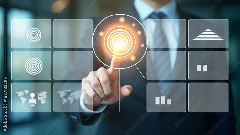 Poster flat businessman using fingerprint id for secure access to personal financial data via e-kyc: emphas