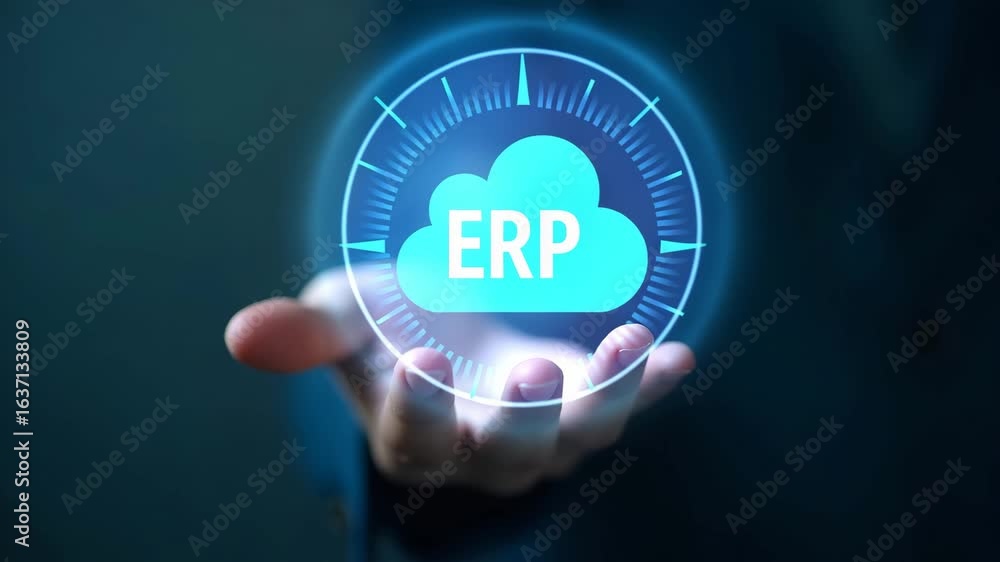 Poster flat hand presenting holographic customization icon for cloud-based erp software: a minimalist vecto