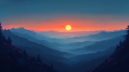 Mountain Landscape Sunset Illustration