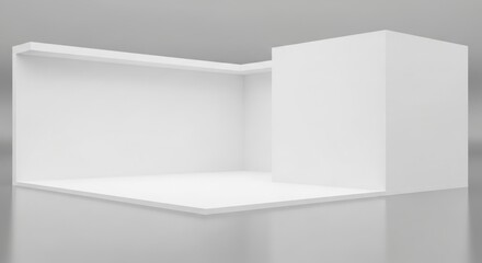 Fototapeta premium A minimalist, bright, white, empty exhibition booth, designed for display purposes, with clean lines.