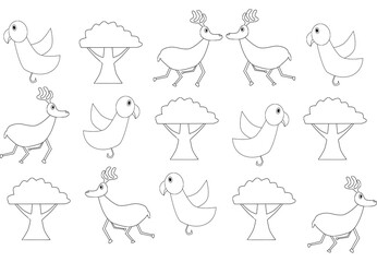 Child-like Vector Icon Pattern with Woodland Animals The icon set features stylized depictions of a deer, a bird, and a tree.