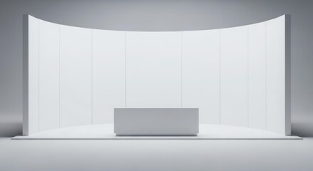 Modern minimalist white exhibition booth with a reception counter.
