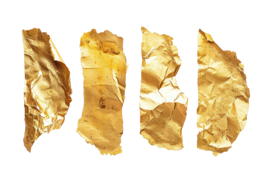 Four gold-toned paper scraps, irregularly shaped and creased, arranged in a row against a black background